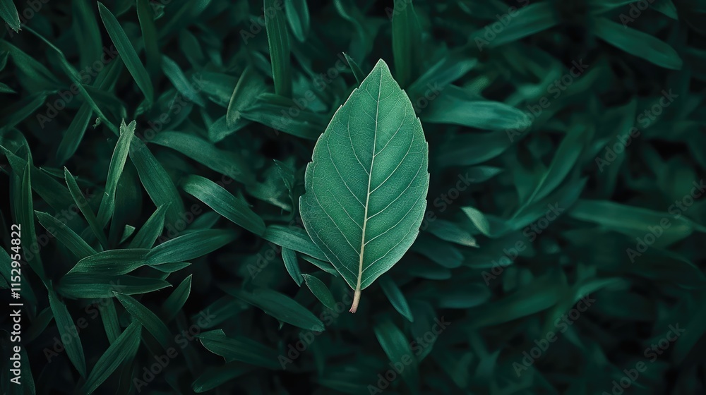 Poster green leaf resting on lush grass creating a serene nature background with vibrant colors and texture