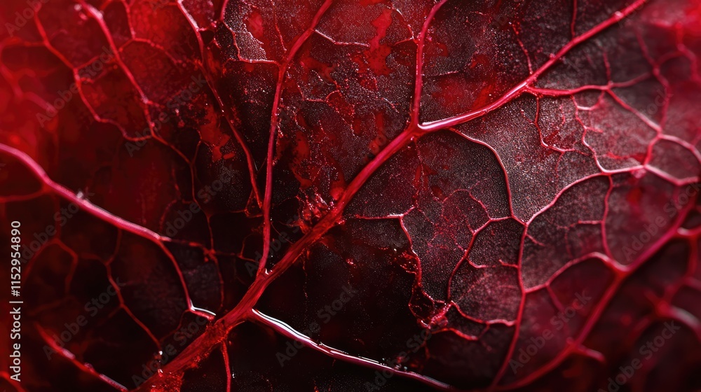 Poster detailed macro view of leaf veins showcasing intricate patterns and textures in vibrant red tones fo