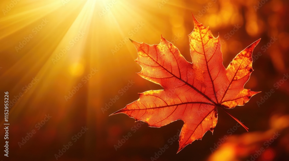 Poster autumn leaf illuminated by sunlight creating a warm golden background in a serene nature setting