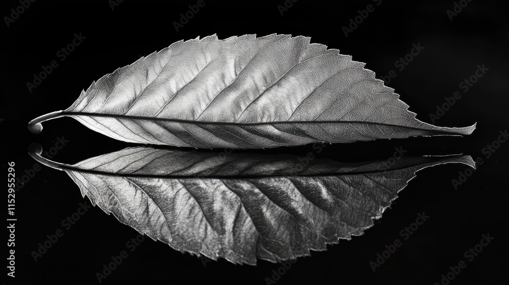 Poster leaf resting on a reflective black surface showcasing intricate details and symmetry in monochrome t