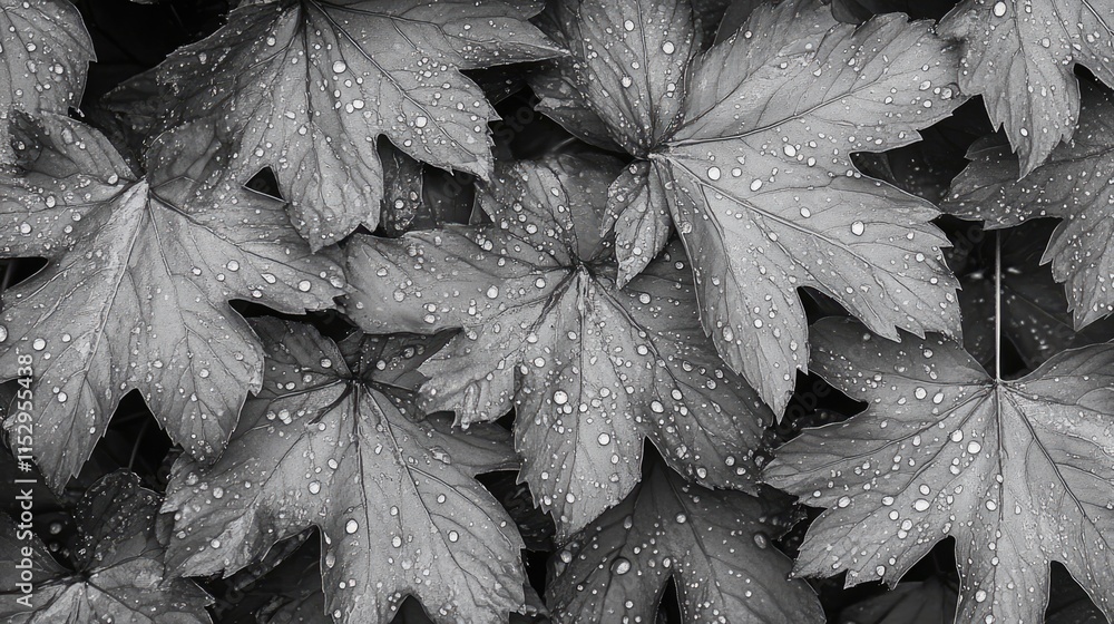Poster moody black and white close-up of leaves adorned with raindrops creating a serene and refreshing nat
