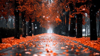 Vibrant autumn landscape with fallen orange leaves along a wet pathway in a serene park during a winter snowfall evening