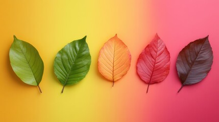 Obraz premium Colorful autumn leaves on a vibrant gradient background showcasing seasonal transition and nature's beauty.