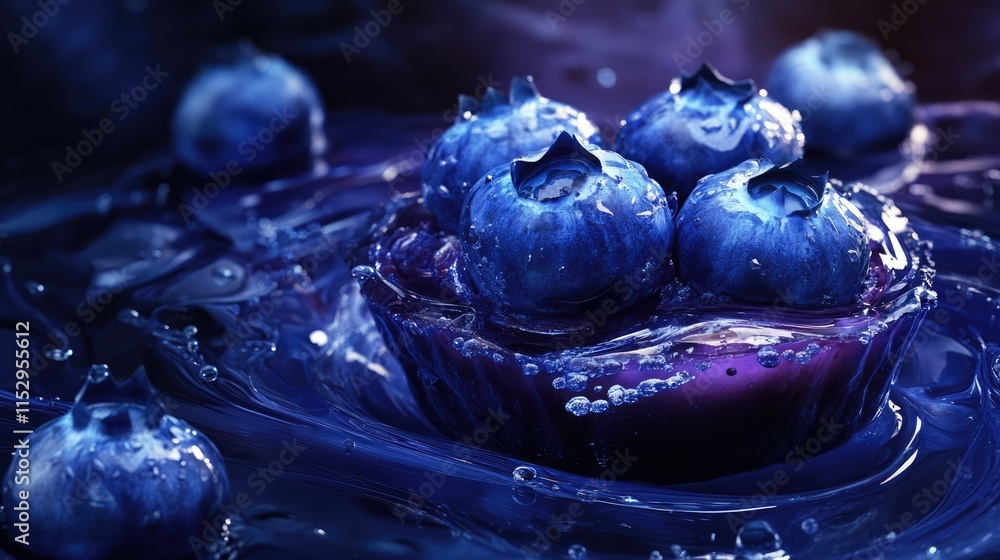 Poster fresh blueberries in a vibrant purple liquid creating a dynamic and visually appealing background co