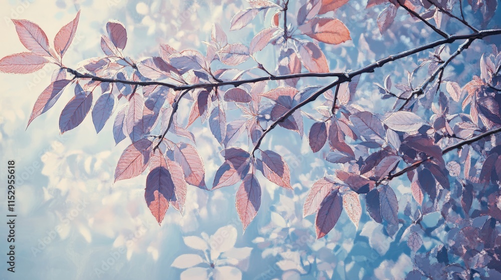 Poster delicate spring tree branches with soft pastel leaves illuminated by morning sunlight creating a ser