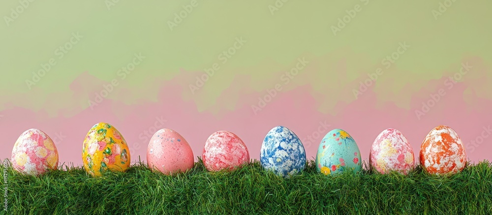 Poster decorative easter eggs in a line on lush green grass with a colorful soft background ideal for festi