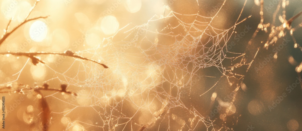 Poster delicate spider web shimmering with dew in soft morning light creating a serene and atmospheric outd