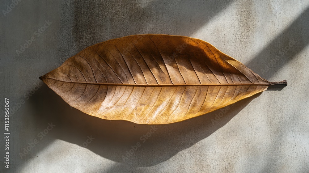 Poster teak leaf displayed on a surface with natural light highlighting its texture and warm tones in a gar