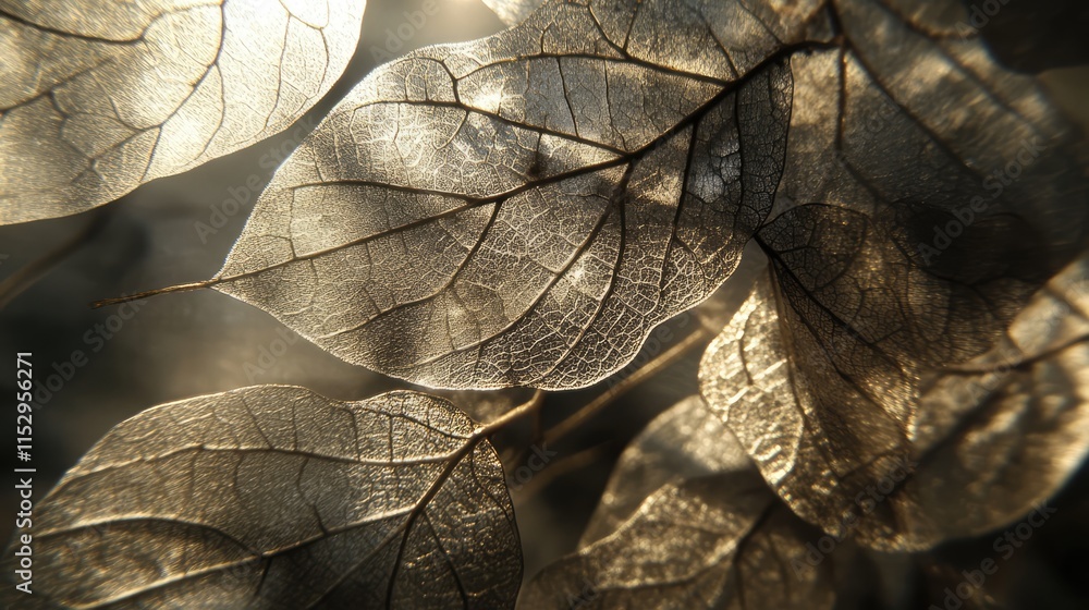 Poster translucent leaves illuminated by sunlight showcasing intricate structural patterns and textures in 