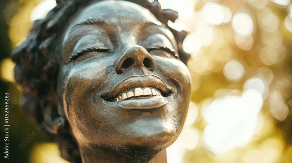 Poster smiling bronze statue with a joyful expression surrounded by soft natural sunlight in a serene outdo