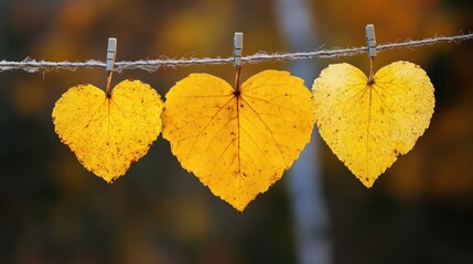 Obraz premium Yellow heart-shaped autumn leaves hanging on a clothesline representing seasonal beauty and nature's artistry in a warm backdrop.