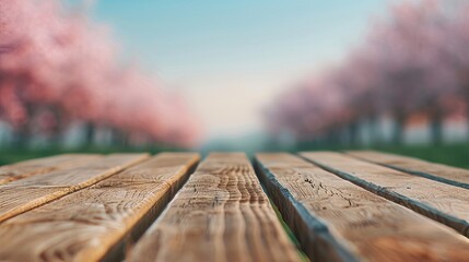 Wooden table with cherry blossoms background