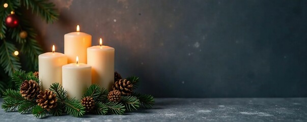 Four candles on fir branches against a dark grey wall with garland and pinecones, winter wonderland, pinecone decorations