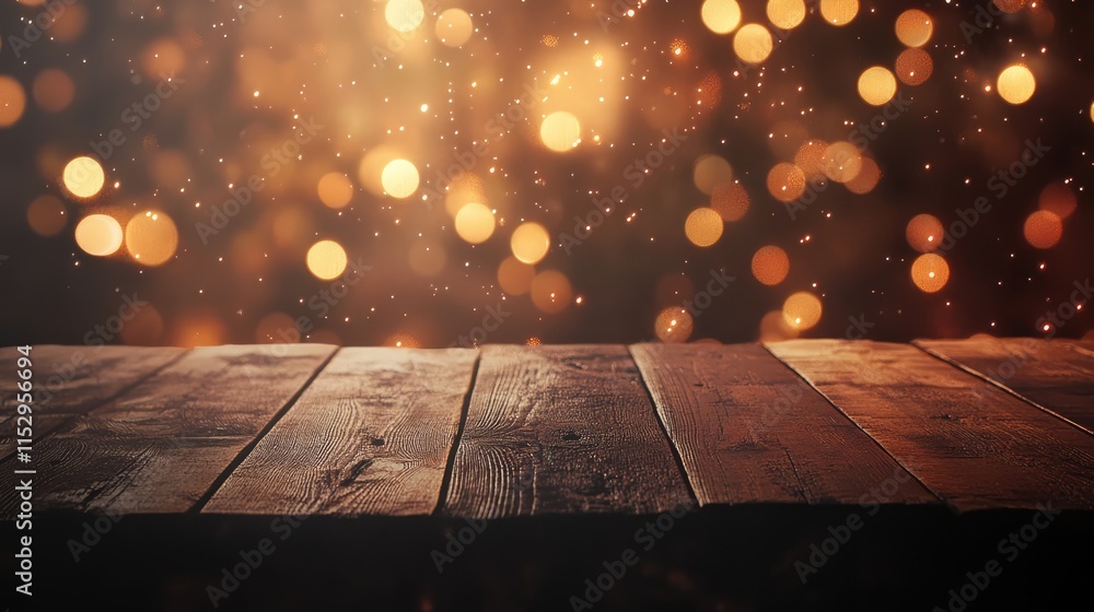 Poster wooden table surface against a softly blurred bokeh background featuring warm glowing lights perfect