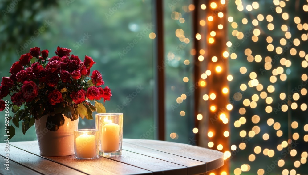 Poster a cozy table setting with a flower pot and candles, illuminated by warm bokeh lights in the backgrou