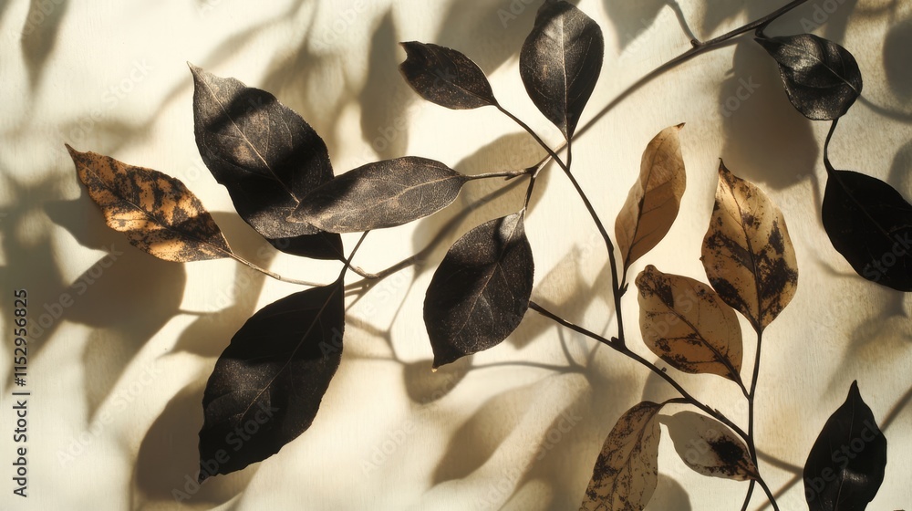 Poster elegant shadow play of dried leaves casting intricate patterns on a soft background showcasing natur