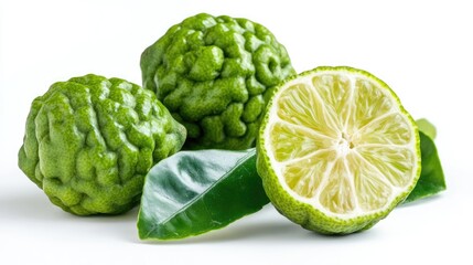 Obraz premium Bergamot fruit and leaves with white background showcasing vibrant green color and texture ideal for culinary or aromatherapy themes