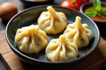Freshly steamed momos with dipping sauce in a bowl, Tibetan, flatbread, Nepalese