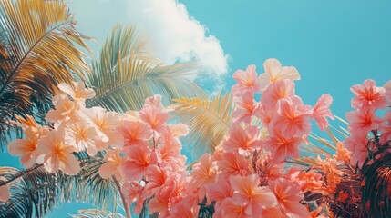 Obraz premium Tropical paradise with vibrant pink flowers and palm trees under a bright blue sky evoking a serene summer atmosphere