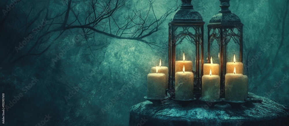 Poster serene lanterns with candles illuminating a moody forest backdrop evoking a tranquil and enchanting 