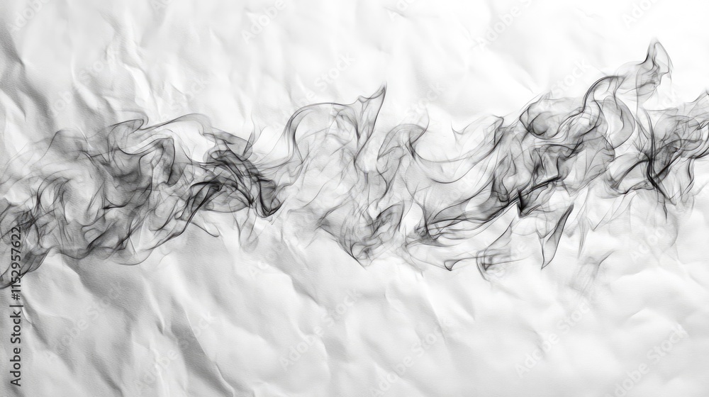Poster crumpled white paper texture with wisps of smoke and traces of ashes creating an artistic abstract b