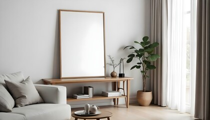A modern living room with a large framed mirror on the wall, a wooden shelf below displaying various decor items, and a potted plant on the shelf