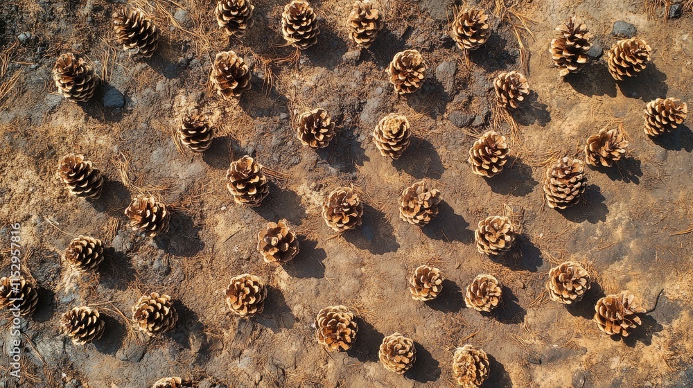 Poster scattered pine cones on the ground creating a natural pattern in an outdoor setting ideal for nature