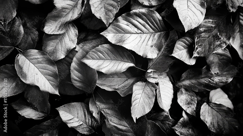 Poster monochrome close-up of fallen leaves showcasing intricate textures and patterns in a natural autumn 
