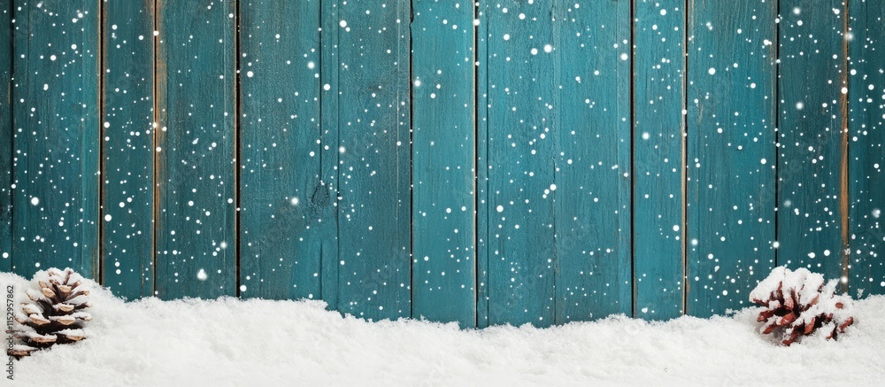 Poster joyful christmas scene with rustic teal wood backdrop snow message board and pine cones creating a f