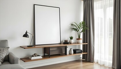A modern living room with a large framed mirror on the wall, a wooden shelf below displaying various decor items, and a potted plant on the shelf