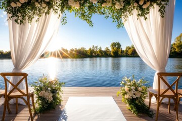 Fototapeta premium A serene wedding setup by a lakeside, featuring flowing drapes, floral arrangements, and a beautiful sunset backdrop.