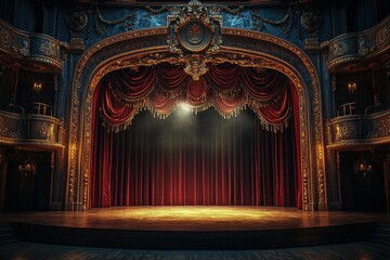 Illuminated grand theater stage with red velvet curtains showcasing dramatic performances in an elegant setting captivating viewpoint for artistic expression