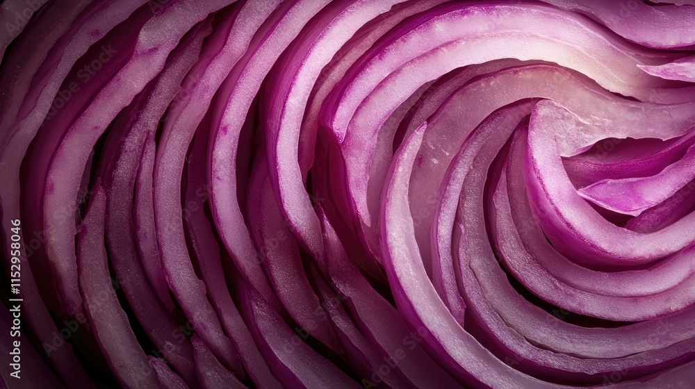 Poster sliced red onion close-up showcasing intricate layers and vibrant color textures ideal for culinary 