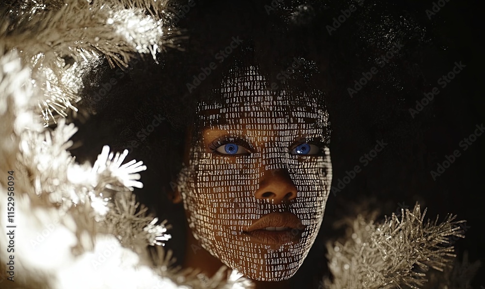 Poster close-up portrait of a woman with a face digitally altered to resemble computer code, framed by ligh