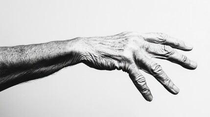 Isolated elderly left hand with visible wrinkles reaching out against a plain white background symbolizing aging and life experiences