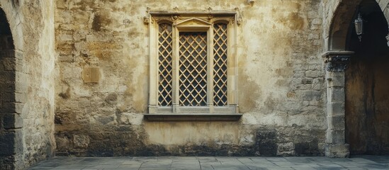 Latticed window in historic castle showing beige facade beside rustic stone wall creating an atmosphere of antiquity and charm
