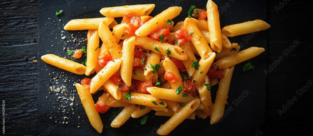 Poster italian macaroni penne with fresh tomatoes and herbs arranged on a cutting board with a black backgr