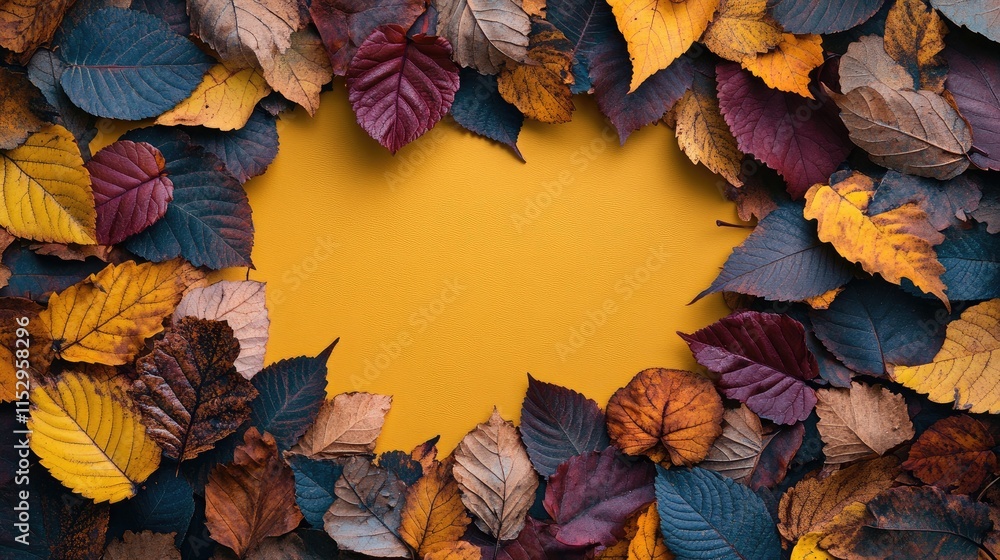 Poster autumn leaves border on vibrant yellow background creating a natural frame for text or images in sea