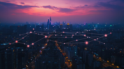 Abstract businesswoman stands on the peak of success Smart digital city with connection cyber security network reciprocity over the cityscape future wireless digital city and social media networking