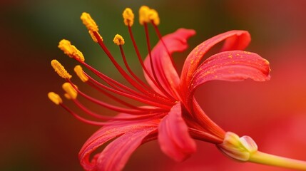 Obraz premium Leea Indica vibrant red flower with striking yellow stamens against a blurred background showcasing natural beauty and botanical detail