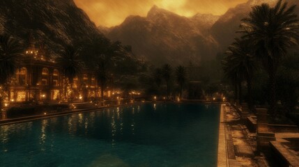 Fototapeta premium Oasis Palace at Dusk Mountainside Resort Serenity