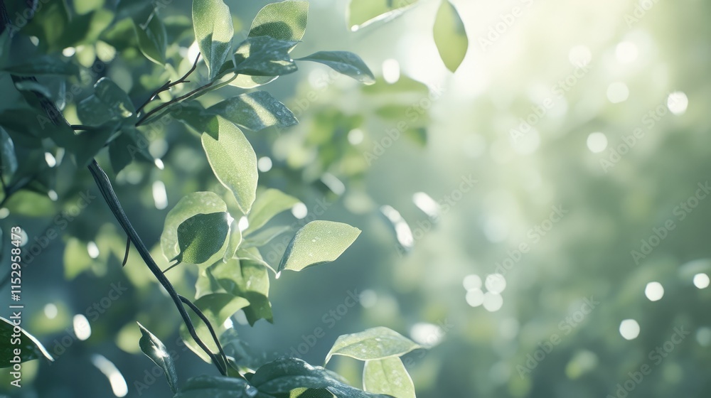 Poster sunlit light green leaves on tree branches with soft bokeh background creating a serene natural atmo