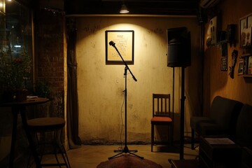 Enchanting intimate poetry reading cozy  setting heartfelt verses warm lighting atmosphere personal connection creative expression and connection in a comforting space