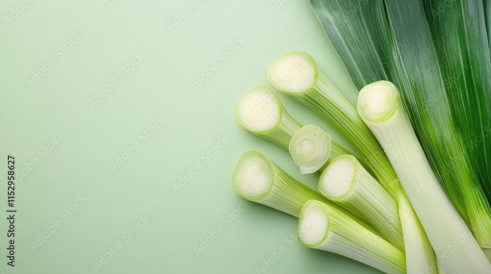 Poster fresh leek with sliced sections arranged on a soft green background showcasing vibrant colors and te