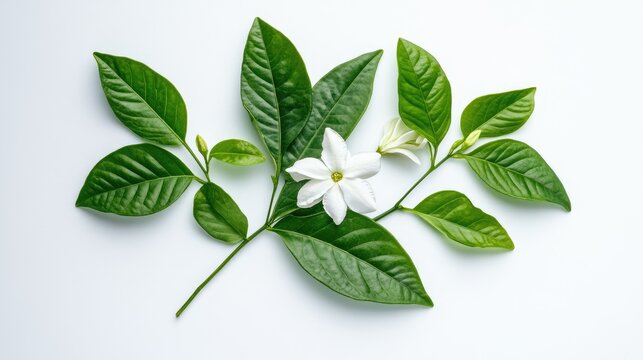 Jasmine flower plant with lush green leaves and delicate white blossoms showcasing botanical beauty and natural elegance