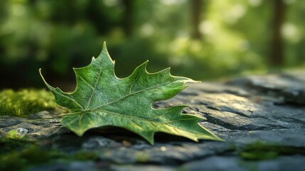 Fototapeta premium Detailed close-up of a vibrant green maple leaf resting on a textured rock amid a softly blurred natural background in a serene woodland setting.