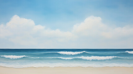 Obraz premium Serene Coastal Escape: A tranquil painting of a sandy beach with gentle waves rolling towards the shore, capturing the serene beauty of a coastal landscape under a bright blue sky.