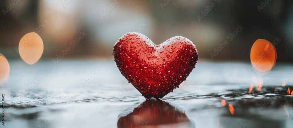 Aufkleber wet heart backdrop for valentine's day with selective focus on a red heart surrounded by soft bokeh 