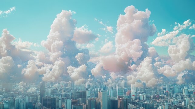 Digital clouds hovering over a modern cityscape representing data upload and technology concepts in cloud computing and networking.