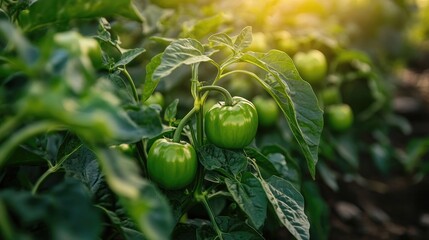 Scenic view of vibrant green pepper plants thriving in a sunlit agricultural field showcasing healthy produce and lush foliage